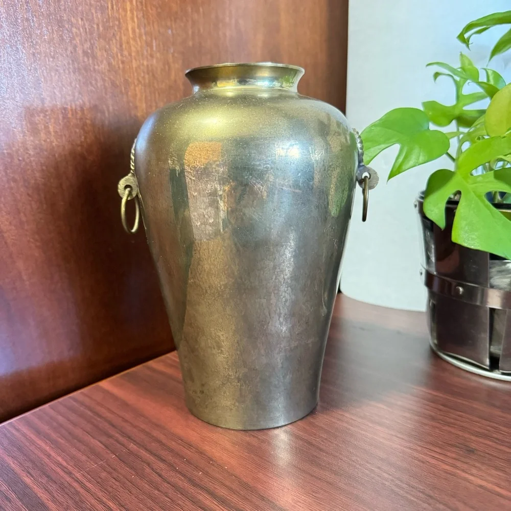 Vintage RIH Solid Brass, 8” Ring Handles Flower Vase, Flared Lip, Made In India